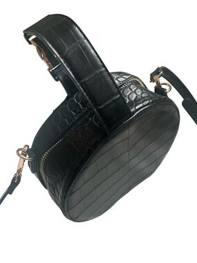 Black Croc-Embossed Round Crossbody Bag
